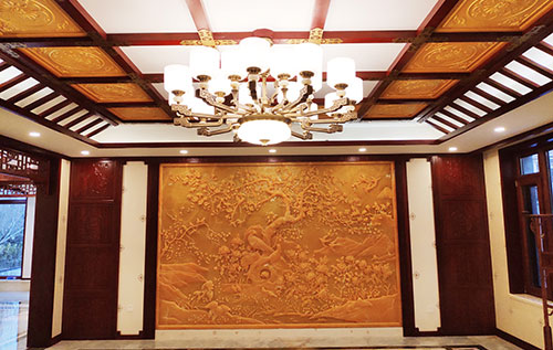 金华中式别墅客厅中式木作横梁吊顶装饰展示